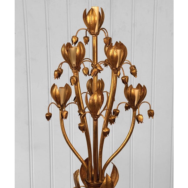 Vintage 32" Italian Hollywood Regency Gold Tulip Table Lamp For Sale - Image 4 of 8