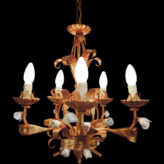 Blue Vintage Hollywood Regency Florentine Five-Arm Metal Chandelier with Porcelain Flowers, 1970s For Sale - Image 8 of 18