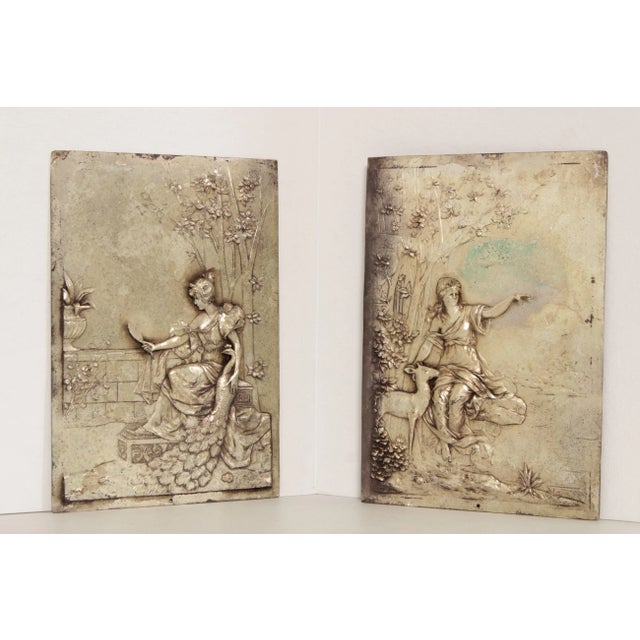 High Quality American Made Pair of Silver-Plated Copper Plaques, Relief Decorated with Maidens