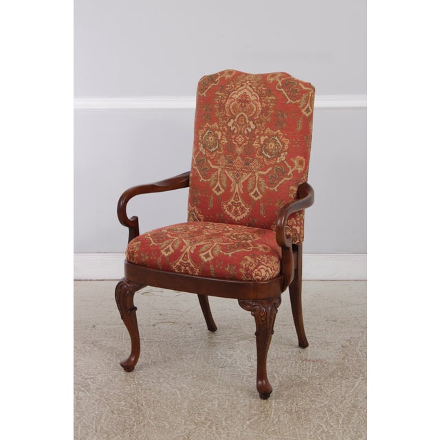 Henredon Pair of Henredon Mahogany Tapestry Upholstered Open Armchairs For Sale - Image 4 of 17