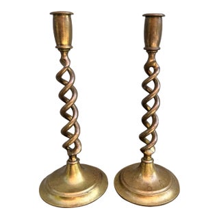 Antique English Barley Twist Brass Candlesticks, a Pair For Sale
