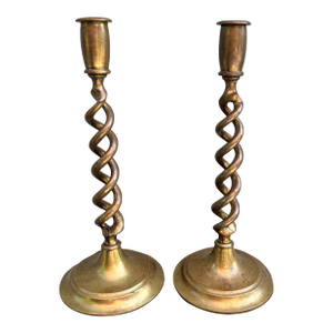 Antique English Barley Twist Brass Candlesticks, a Pair