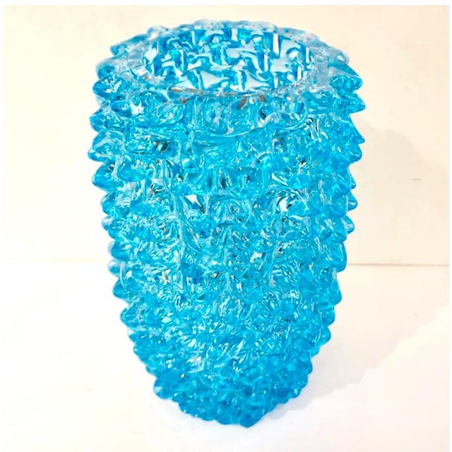 Turquoise Pair of Art Deco Style Italian Aquamarine Murano Glass Centerpiece Vases For Sale - Image 8 of 10