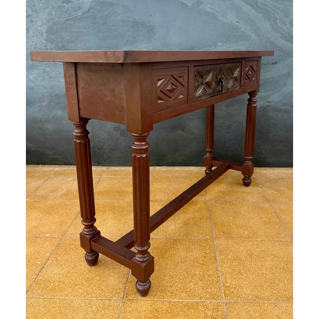 Spanish Renaissance Revival Carved Oak Console Table with Drawer, 1950s For Sale - Image 4 of 10