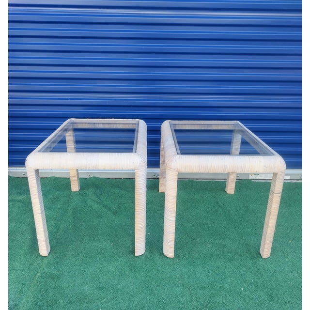Vintage Coastal White Wash Rattan Wrapped Glass Top Rectangular Side Tables- a Pair For Sale In West Palm - Image 6 of 6
