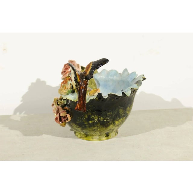 French 19th Century French Barbotine Covered Bowl with Bird and Bird Nest Décor For Sale - Image 3 of 11