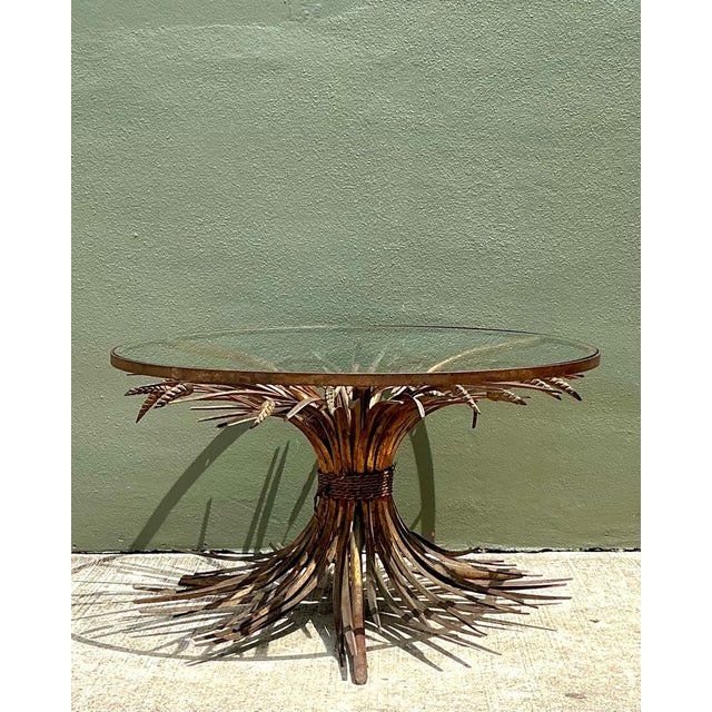 Mid-Century Modern Vintage Distressed Gilt Metal and Glass Wheat Sheaf Table For Sale - Image 3 of 13