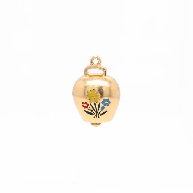 Vintage 18k Gold Lucerne Switzerland Figural Bell With Enamel Flowers Charm For Sale - Image 4 of 11