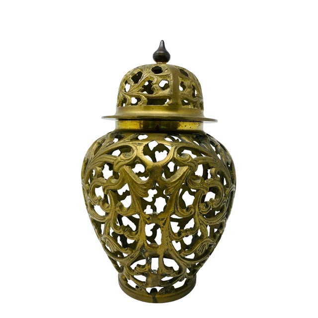 Brass Vintage 1970s Ginger Jar Cast Pierced Brass Filigree With Lid For Sale - Image 8 of 8