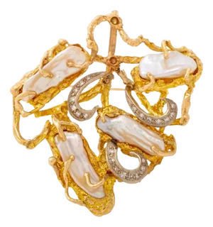 14k Yellow Gold Pearl Diamond Freeform Brooch