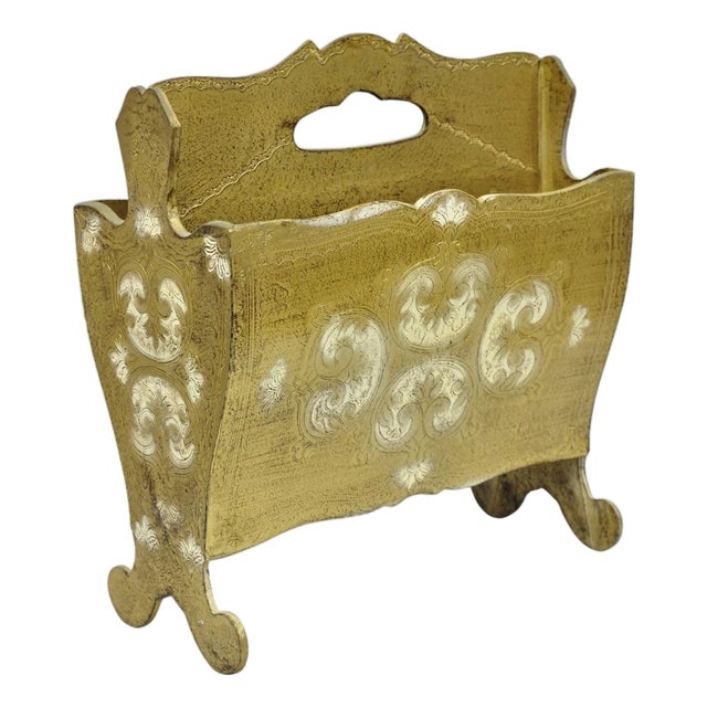Vintage Italian Hollywood Regency Gold Cast Plastic Magazine Rack Stand For Sale