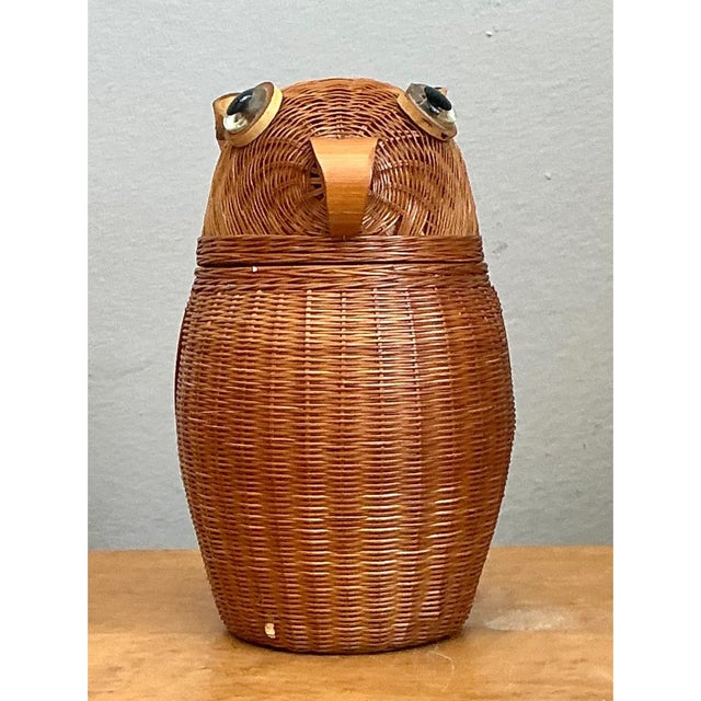 Mid-Century Modern Vintage Shanghai Weave Rattan Owl Basket For Sale - Image 3 of 12