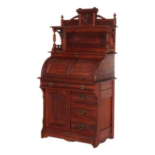 Antique Eastlake Walnut Cylinder Roll Top Paneled Secretary Desk C1890 For Sale