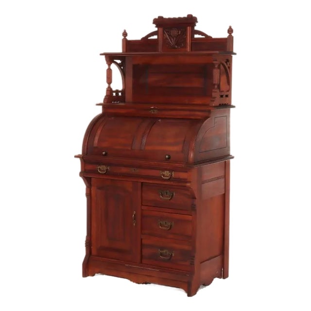 Antique Eastlake Walnut Cylinder Roll Top Paneled Secretary Desk C1890 For Sale