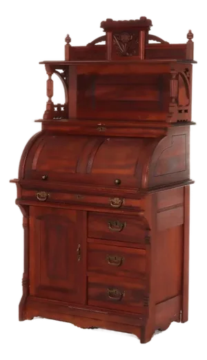Antique Eastlake Walnut Cylinder Roll Top Paneled Secretary Desk C1890