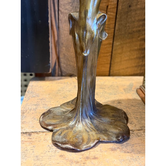 1900 - 1909 Antique Art Nouveau Cast Bronze Figural Lamp Signed J. Causse Ruby Red Stained Glass Shade c.1900 For Sale - Image 5 of 16