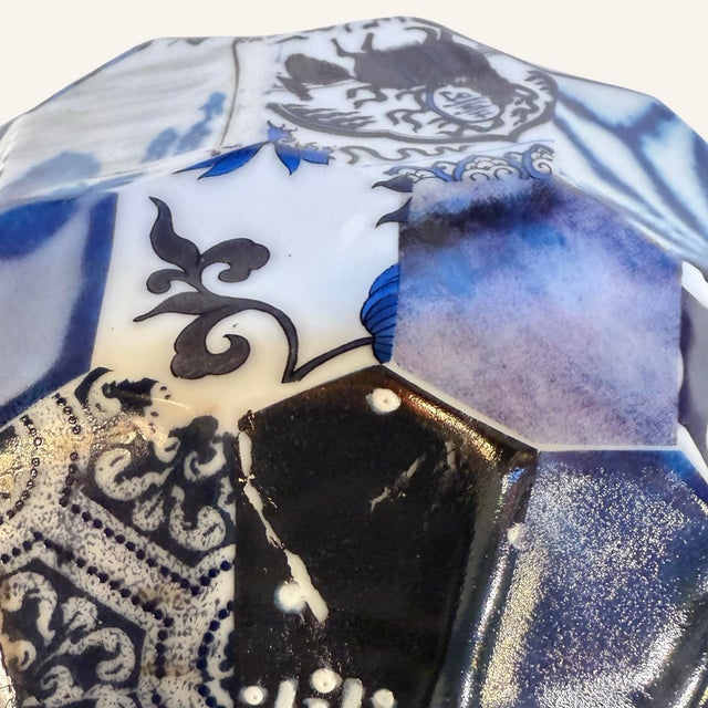 Faceted Blue and White Ginger Jar With Lithographic Glaze Transfer Decoration by Fabienne Jouvin Circa 1990s For Sale - Image 4 of 10