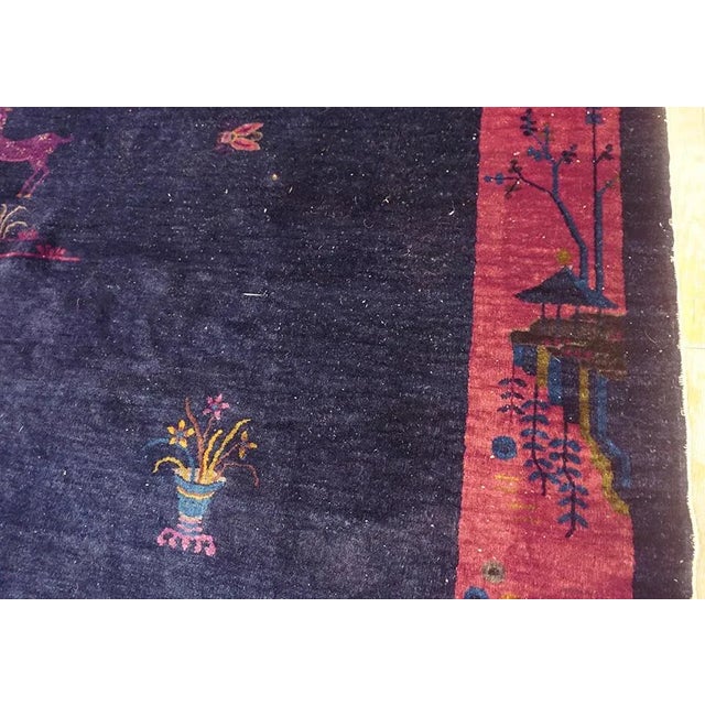 1920s Blue Navy Floral Animal Antique Chinese Art Deco Carpet 9' X 11'6" Knotted Wool Rug For Sale - Image 9 of 15
