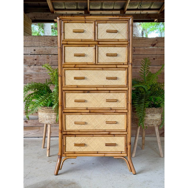 Vintage Rising Sun Rattan & Woven Lingerie Chest – Seven Drawer Tall Chest For Sale - Image 11 of 12