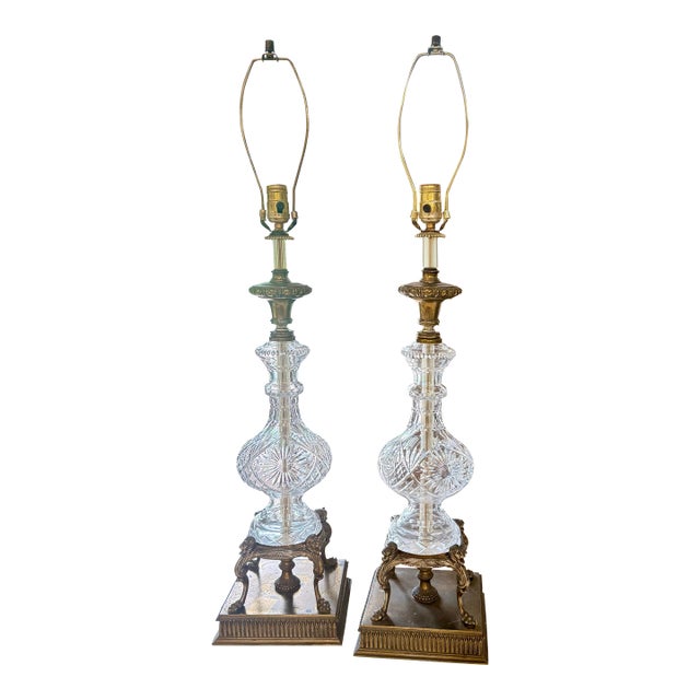 Mid 20th Century Hollywood Regency Leaded Cut Crystal and Brass Table Lamps - a Pair For Sale