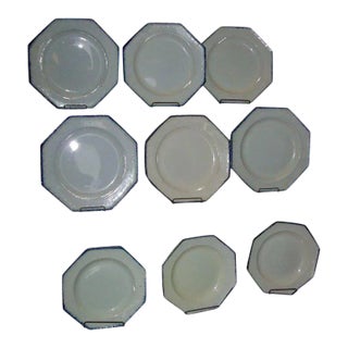 1790 Octagonal Leeds Creamware Feather or Shell Edge Plates in Blue - Set of 9 For Sale