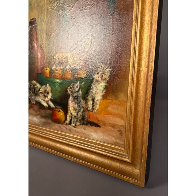 Brown European Oil on Canvas Still Life With Kittens, Fruit and Bottles, Signed De Beer, Circa 1940 For Sale - Image 8 of 15