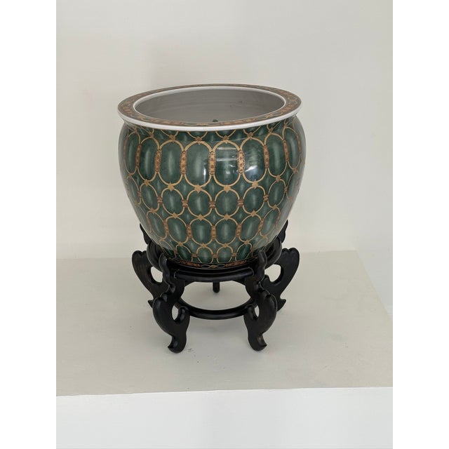 Large vintage hand-painted ceramic cachepot by Oriental Accent featuring a rich emerald green glaze with gilt geometric...