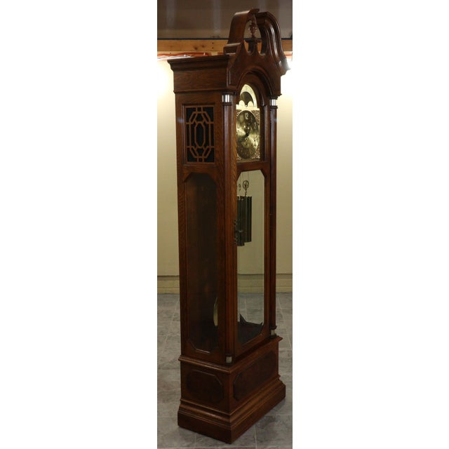 1980s Vintage Howard Miller “Marston” Oak and Elm Burl Grandfather Clock, Circa 1980s For Sale - Image 5 of 17