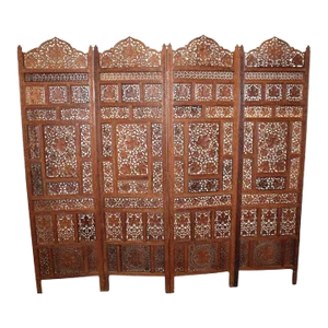 Four Panel Floor Screen, Teakwood W/ Intricately Carved Leaf & Grape Design