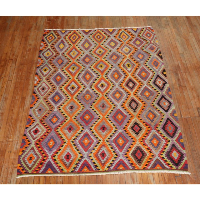 Mid-Century Modern Vintage Zabihi Collection Bright Dazzling Bohemian Turkish Kilim - 6' x 8'6" For Sale - Image 3 of 9