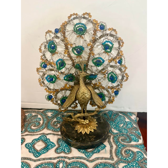 Art Deco VIntage Art Deco Crystal and Brass Czechoslovakian Beaded Peacock Lamp For Sale - Image 3 of 14