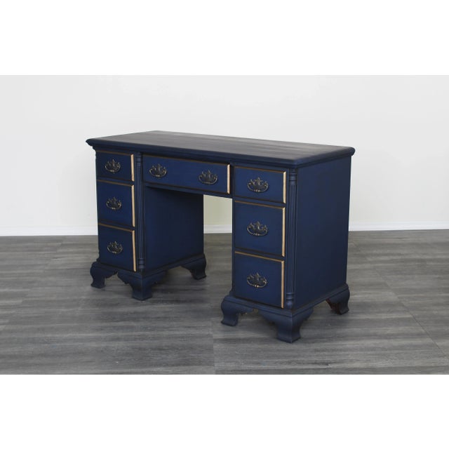 Mid-Century Modern Vintage Georgian Style Blue Desk of Seven Drawers For Sale - Image 3 of 6