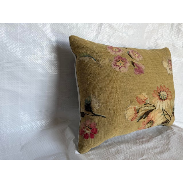 1850s Antique French Aubusson Tapestry Pillow With Handwoven Floral Motifs For Sale - Image 4 of 7