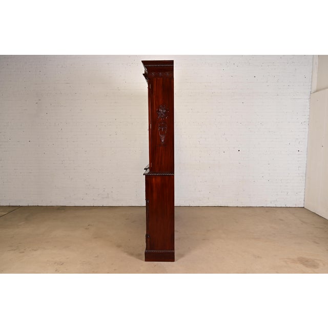 Baker Furniture Style English Georgian Carved Mahogany Breakfront Bookcase Cabinet With Drop Front Secretary Desk For Sale - Image 11 of 13