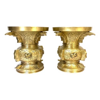 Pair of Monumental Meiji Period Gilt Metal Censors/ Vases For Sale