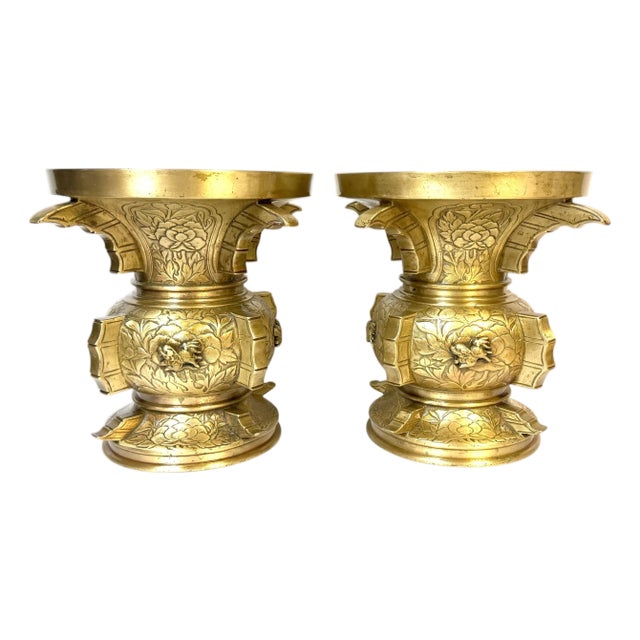 Pair of Monumental Meiji Period Gilt Metal Censors/ Vases For Sale