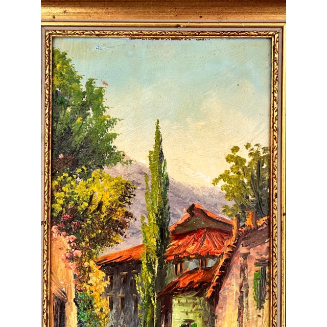 This is a vintage Mid Century era oil painting of a Mediterranean style Village and Landscape Oil made by Joseph Collazzi,...