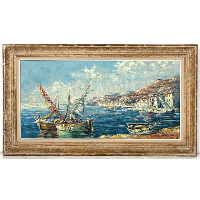 French French Framed Oil Painting Featuring a Mediterranean Harbour Scene For Sale - Image 3 of 12