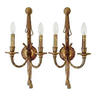 Vintage French Gilt Bronze 2-Light Rope and Tassel Wall Sconces, Louis XVI Style - a Pair For Sale
