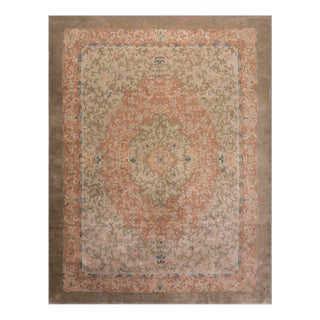 1920s Tan Sand Floral Ming Antique Chinese Art Deco Rug 9' 0''x11' 9'' Handwoven Wool Carpet For Sale
