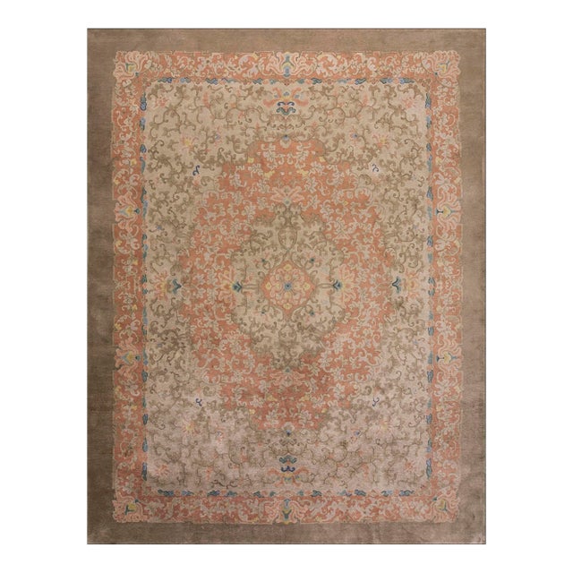 1920s Tan Sand Floral Ming Antique Chinese Art Deco Rug 9' 0''x11' 9'' Handwoven Wool Carpet For Sale