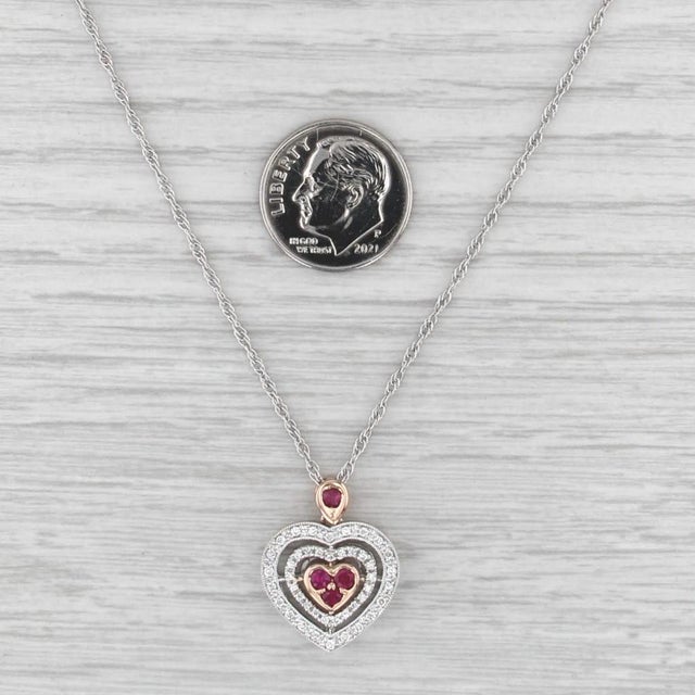 Modern 0.44ctw Ruby Diamond Halo Heart Pendant Necklace 18k White Rose Gold 18" For Sale - Image 3 of 5