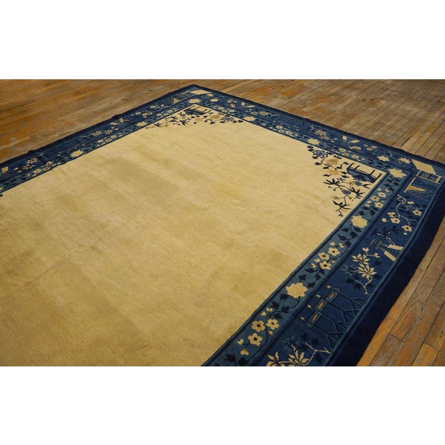 1920s Beige Minimalist Open Field Antique Chinese Peking Carpet 8' X 9'6'' Knotted Wool Rug For Sale - Image 4 of 9