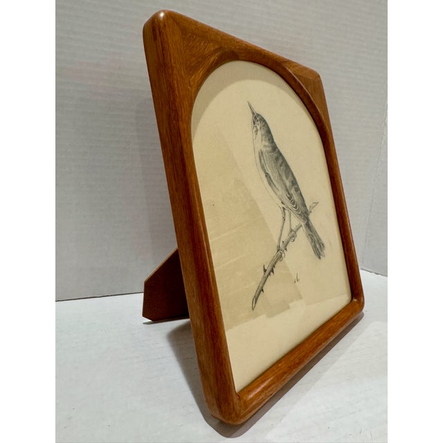 Vintage Original Pencil Drawing Songbird on Branch Signed Art Arched Wood Frame For Sale - Image 4 of 6