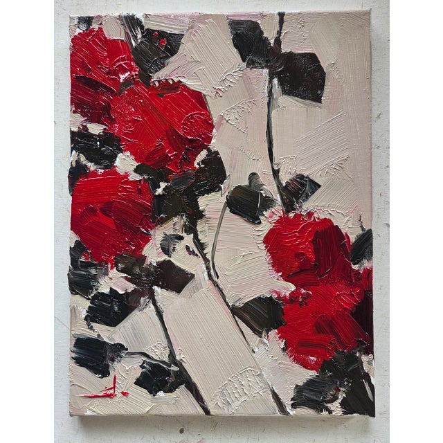 A heavily textured, impressionist oil painting of a red flowers, by UK based artist Vivek Mandalia. Frame and hang in your...