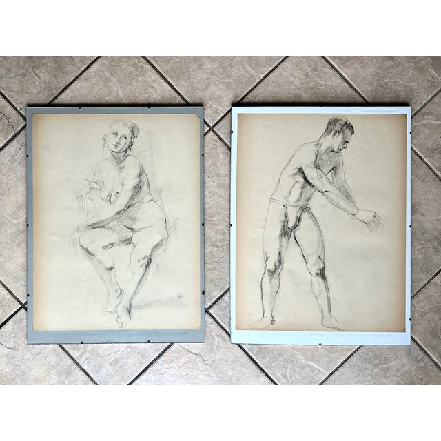 Traditional Pair Mid-Century Nude Man & Woman Drawings For Sale - Image 3 of 14