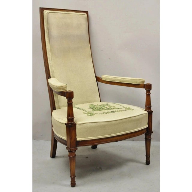 Vintage Italian Hollywood Regency Tall Back Upholstered Cherry Wood Lounge Arm Chair. Item features solid wood frame,...