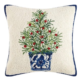 Square Chinoiserie Tree Wool Hooked Pillow For Sale