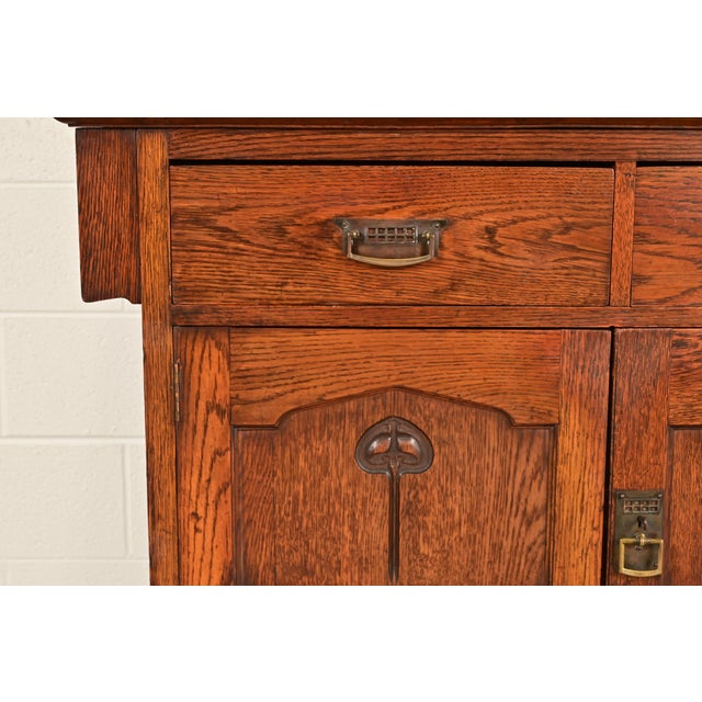 Liberty & Co. Antique English Arts & Crafts Oak Sideboard With Stained Glass Door, Circa 1900 For Sale - Image 11 of 16