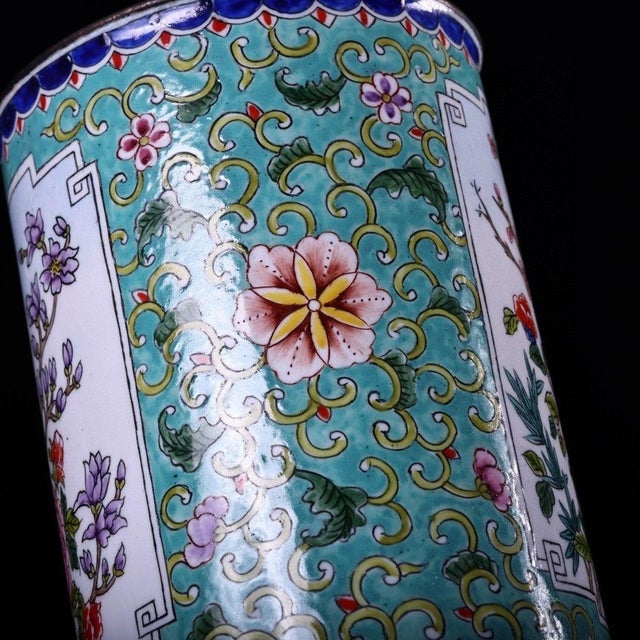 Vintage Enamel on Copper Brush Pot With Floral & Butterfly Motifs – Qing Style For Sale In Los Angeles - Image 6 of 9